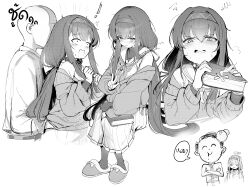 Rule 34 | 1boy, 1girl, absurdres, bags under eyes, blue archive, blush, book, cardigan, collared shirt, doodle sensei (blue archive), greyscale, hairband, halo, head bump, highres, holding, holding book, jewelry, long hair, monochrome, neckerchief, necktie, open mouth, pendant, sailor collar, sensei (blue archive), shirt, simple background, somray, speech bubble, ui (blue archive), white background
