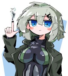 1girl :/ black_bodysuit blue_eyes blush bodysuit bodysuit_under_clothes breasts closed_mouth coat commentary cyborg diamond-shaped_pupils diamond_(shape) finger_cannon green_hair gun hair_between_eyes hatching_(texture) jaggy_lines linear_hatching marie_(peripeteia) medium_breasts medium_hair open_clothes open_coat peripeteia pointing pointing_up smoke smoking_barrel solo symbol-shaped_pupils trench_coat tsurime turtleneck turtleneck_bodysuit two-tone_background upper_body vinni_puh weapon white_background yellow_background