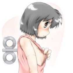 Rule 34 | 1girl, android, black eyes, black hair, blush, breasts, female focus, flashing, gaketsu, joints, looking at viewer, nichijou, nipples, no bra, profile, robot joints, shinonome nano, shirt, short hair, sideboob, simple background, small breasts, solo, winding key