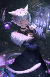 1girl absurdres animal_ears baegbalbaegjung black_choker black_dress book breasts candle candlelight cat_ears cat_tail choker cleavage cross-laced_clothes dark-skinned_female dark_skin dress facial_mark feathers final_fantasy final_fantasy_xiv finger_to_mouth frilled_dress frills grey_eyes hair_intakes highres holding holding_staff light_particles light_smile looking_at_viewer miqo&#039;te red_lips short_hair sigil solo staff tail whisker_markings white_hair y&#039;shtola_rhul