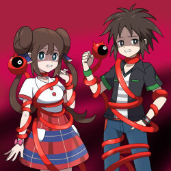 1boy 1girl asatsuki_(fgfff) blue_eyes bright_pupils brown_eyes brown_hair clenched_hand clenched_teeth collared_shirt commentary_request cowboy_shot eyelashes hair_ribbon hand_in_pocket hand_up jacket long_hair nate_(pokemon) nintendo open_clothes open_jacket pants pokemon pokemon_bw2 pokestar_studios ribbon rosa_(pokemon) shirt short_hair skirt striped_clothes striped_shirt teeth tentacles twintails white_pupils white_shirt wristband xtransceiver
