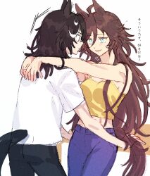 2girls ahoge animal_ears arms_around_neck black_hair black_pants black_tail blue_eyes breasts brown_tail camisole eye_contact face-to-face flipped_bangs hair_between_eyes hair_down hands_on_table highres horse_ears horse_girl horse_tail jagaimobeniko katsuragi_ace_(umamusume) long_hair looking_at_another midriff_peek mr._c.b._(umamusume) multicolored_hair multiple_girls pants purple_pants shirt short_sleeves simple_background streaked_hair t-shirt tail translation_request umamusume white_background white_hair white_shirt yellow_camisole yuri