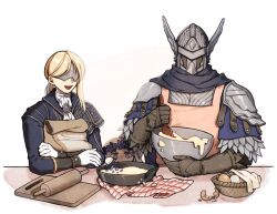 Rule 34 | 1boy, 2girls, apron, armor, bag, basket, black gloves, blonde hair, blue eyes, blue jacket, bowl, breastplate, brooch, brother and sister, covered eyes, covered face, cutting board, donar0217, duchess (elden ring), egg, elden ring, elden ring nightreign, eye mask, flower wreath, frying pan, gloves, helmet, holding, holding bag, holding bowl, holding ladle, jacket, jewelry, ladle, long hair, long sleeves, multiple girls, open mouth, pauldrons, pink apron, ponytail, revenant (elden ring), rolling pin, shoulder armor, siblings, simple background, smile, upper body, white background, white gloves, winged helmet, wylder (elden ring)