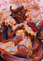 Rule 34 | 2girls, black forest cookie, bouquet, bow, bridal veil, brown background, brown hair, closed mouth, cookie run, cookie run: kingdom, cross-shaped pupils, dark-skinned female, dark skin, dress, flower, hair between eyes, hair intakes, highres, holding, holding bouquet, long hair, multiple girls, puffy short sleeves, puffy sleeves, red flower, short sleeves, simple background, smile, solo focus, sparkle, symbol-shaped pupils, vanxllavina, veil, wedding cake cookie, wedding dress, white bow, white dress, white eyes
