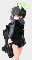 1girl ammunition_pouch animal_ears ass belt belt_pouch black_shorts blue_archive blue_eyes breasts bullpup closed_mouth clov3r commentary_request dolphin_shorts face_shield fake_animal_ears feet_out_of_frame green_halo grey_hoodie gun hair_between_eyes halo helmet highres holding holding_gun holding_weapon hood hood_down hoodie kneepits korean_commentary legs_together load_bearing_vest long_sleeves medium_breasts p90 pantylines pouch purple_hair rabbit_ears revision saki_(blue_archive) short_shorts shorts simple_background solo standing submachine_gun trigger_discipline turning_head utility_belt weapon