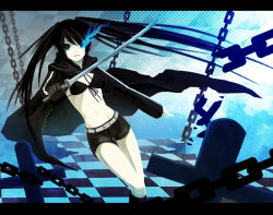 Rule 34 | 10s, 1girl, bad id, bad pixiv id, bare legs, bikini, bikini top only, black bikini, black hair, black rock shooter, black rock shooter (character), blue eyes, chain, checkered floor, female focus, flat chest, front-tie bikini top, front-tie top, glowing, katana, long hair, pale skin, shiramori yuse, solo, swimsuit, sword, twintails, uneven twintails, weapon