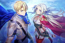 1boy 1girl armor blonde_hair blue_cape blue_eyes blue_ribbon breasts cape closed_mouth commentary_request dimitri_alexandre_blaiddyd dimitri_alexandre_blaiddyd_(resplendent) edelgard_von_hresvelg edelgard_von_hresvelg_(resplendent) fire_emblem fire_emblem:_three_houses fire_emblem_heroes grey_armor hair_ribbon highres long_hair looking_at_viewer nintendo official_alternate_costume purple_eyes red_cape red_thighhighs ribbon short_hair shoulder_armor smile soma_otakuu standing thighhighs white_hair