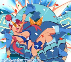 1girl blue_eyes blue_footwear blue_slingshot_swimsuit breasts gen_5_pokemon gloves golurk hair_ornament highres holding kamina_shades large_breasts long_hair looking_at_viewer nintendo one_side_up open_mouth pokemon pokemon_(creature) pokemon_bw red_hair sky skyla_(pokemon) slingshot_swimsuit smile supermondobeat swimsuit tengen_toppa_gurren_lagann