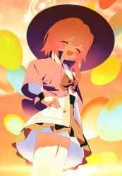 Rule 34 | 1girl, :d, ^ ^, absurdres, black capelet, black hat, blue archive, blush, bm tol, bow, capelet, closed eyes, commentary, dress, facing viewer, halo, hand on own hip, hat, highres, long sleeves, medium hair, open mouth, pink hair, serina (blue archive), smile, solo, witch hat, yellow halo