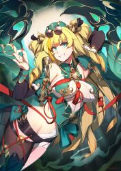 Rule 34 | 1girl, absurdres, arm behind head, armpits, bandaged leg, bandages, bare shoulders, bell, blonde hair, breasts, chinese clothes, cleavage cutout, clothing cutout, collar, detached sleeves, eyewear on head, green background, green collar, green eyes, green hat, hat, highres, honkai (series), honkai impact 3rd, long hair, midriff, multicolored hair, nail polish, official alternate costume, official alternate hairstyle, onshigou, red nails, red pupils, red ribbon, ribbon, round eyewear, sideboob, signature, single thighhigh, smile, songque, songque (jovial deception: shadowdimmer), streaked hair, thighhighs, twintails