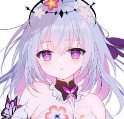 1girl animal bare_shoulders breasts bug butterfly castorice_(honkai:_star_rail) commentary_request dress flower grey_hair hair_between_eyes honkai:_star_rail honkai_(series) insect long_hair looking_at_viewer medium_breasts multicolored_hair parted_lips pink_flower pink_hair pointy_ears purple_eyes red_flower shirogane_hina simple_background solo strapless strapless_dress two-tone_hair upper_body white_background white_dress white_flower