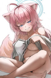 1girl absurdres ahoge animal_ear_fluff animal_ears antenna_hair barefoot black_panties blue_eyes blush breasts character_request clothes_lift eyelashes fang hair_between_eyes half-closed_eyes halo highres indian_style indie_virtual_youtuber jindogod large_breasts lifting_own_clothes long_hair looking_at_viewer off_shoulder panties pink_hair shirt shirt_lift simple_background sitting skin_fang solo tail underboob underwear virtual_youtuber white_background