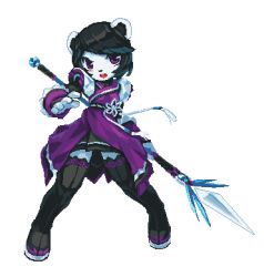 1girl 2020 animal_ears black_hair black_leggings breasts chinese_clothes chinese_knot dress elbow_gloves freedom_planet freedom_planet_2 furry furry_female gloves holding holding_polearm holding_weapon krita_(medium) leggings long_sleeves lowres medium_breasts neera_li panda panda_ears panda_girl pixel_art polearm purple_dress purple_eyes short_hair skirt spear standing standing_on_one_leg transparent_background tsurime tyson_tan weapon