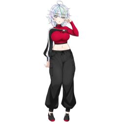 1girl :o ahoge arm_at_side baggy_pants black_pants black_shoes black_sleeves breasts dolphin_wave game_cg grey_hair highres kurokuchi_muru large_breasts long_sleeves looking_at_viewer medium_hair messy_hair midriff multicolored_eyes multicolored_hair multicolored_sleeves navel non-web_source official_art ootomo_takuji pants red_shirt red_sleeves rubbing_eyes shirt shoes skindentation sleepy solo streaked_hair sweatpants tachi-e transparent_background