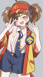 1girl :d @_@ absurdres ahoge artist_name black_eyes black_necktie black_shorts blunt_bangs blush breasts brown_hair cheese collared_shirt cowboy_shot double_v dress_shirt employee_uniform fast_food_uniform food food_on_face grey_background happi hat head_tilt headset highres imadake_dabuchi_tabemi japanese_clothes looking_at_viewer loose_necktie mcdonald&#039;s medium_hair messy microphone momo_hamo_(momo_yunokikko) necktie off_shoulder open_mouth pinstripe_pattern pinstripe_shirt red_hat red_shirt red_trim shirt short_sleeves shorts signature simple_background small_breasts smile solo standing striped_clothes striped_shirt suggestive_fluid tie_clip twintails two-tone_shirt v vertical-striped_clothes vertical-striped_shirt visor_cap white_shirt yellow_happi