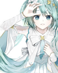 1girl aqua_eyes aqua_hair aqua_necktie aqua_skirt arm_up blush bow breasts commentary_request detached_sleeves hair_between_eyes hair_bow hair_ornament hand_on_own_chest hatsune_miku highres hiramado_miku kowareta_sekai_to_utaenai_miku long_hair long_sleeves looking_at_viewer necktie official_alternate_costume official_alternate_hairstyle open_mouth parted_lips pleated_skirt project_sekai simple_background skirt smile solo spoilers twintails upper_body very_long_hair vocaloid white_background x_hair_ornament yohirart