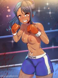 1girl artist_name black_hair blood blood_on_face blue_shorts boxing_gloves boxing_ring boxing_shorts breasts bright_pupils brown_eyes character_name clenched_hands clenched_teeth collarbone commentary cowboy_shot english_commentary fighting_stance gloves highres ijiranaide_nagatoro-san kagato007 long_hair looking_at_viewer medium_breasts nagatoro_hayase navel nipples patreon_username red_gloves shorts solo standing sweat teeth topless_female watermark web_address white_pupils