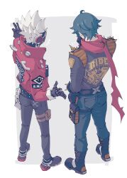 2boys absurdres ahoge animal_print belt billy_kid black_boots black_gloves black_jacket black_pants black_shoes boots cyborg from_behind full_body gloves green_hair highres humanoid_robot jacket leather leather_jacket lighter_(zenless_zone_zero) multiple_boys pants pouch ranta000 red_jacket red_scarf robot scarf shoes shoulder_spikes simple_background spiked_hair spiked_jacket spikes studded_belt thigh_belt thigh_pouch thigh_strap tiger_print torn_clothes torn_scarf white_hair zenless_zone_zero