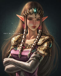 1girl armor blue_eyes breasts brown_hair closed_mouth collarbone commentary commission crossed_arms dress earrings elbow_gloves english_commentary gem gloves green_gemstone grey_gloves highres icezimy jewelry lips long_hair looking_at_viewer medium_breasts nintendo paid_reward_available pointy_ears princess_zelda purple_dress realistic red_gemstone shoulder_armor sidelocks solo the_legend_of_zelda the_legend_of_zelda:_twilight_princess tiara upper_body