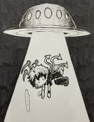 Rule 34 | ..., 1girl, abduction, absurdres, asymmetrical wings, commentary request, dress, full body, greyscale, highres, houjuu nue, monochrome, no mouth, shoes, short hair, short sleeves, snake, solo, spoken ellipsis, suteruko, thighhighs, touhou, tractor beam, traditional media, ufo, wings, | |
