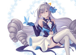 1girl blue_butterfly blue_gloves bronya_zaychik bronya_zaychik_(herrscher_of_reason) bug butterfly closed_mouth crossed_legs dress drill_hair earrings gloves grey_eyes grey_hair hair_ornament highres honkai_(series) honkai_impact_3rd insect invisible_chair jewelry long_hair marina_mag sitting solo thighhighs very_long_hair white_background white_dress white_thighhighs