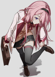 1girl absurdres adjusting_footwear bag black_hairband black_shirt black_skirt black_thighhighs blazer bow bowtie brown_bag brown_cardigan cardigan chinese_commentary commentary_request foot_up full_body hairband highres holding holding_bag huo_jian_chong_rudao_76 jacket leaning_forward loafers long_hair long_sleeves nijisanji pink_hair plaid_bow plaid_bowtie plaid_clothes pleated_skirt purple_eyes school_uniform selene_girls_school_uniform shirt shoes skirt solo standing standing_on_one_leg suo_sango suo_sango_(1st_costume) thighhighs virtual_youtuber white_jacket