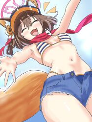 absurdres animal_ears bikini blue_archive brown_hair denim denim_shorts fang flower fox_ears fox_girl fox_tail hair_flower hair_ornament halo highleg highleg_bikini highres izuna_(blue_archive) izuna_(swimsuit)_(blue_archive) micro_shorts ochazuke_(artist) official_alternate_costume outstretched_arms pink_halo pom_pom_(clothes) pom_pom_hair_ornament red_scarf scarf shorts skin_fang smile striped_bikini striped_clothes sunflower sunflower_hair_ornament swimsuit tail visor_cap