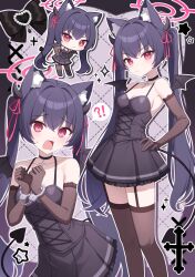Rule 34 | !?, animal ears, bad link, black dress, black hair, blue archive, chelly (glisten chelly), cuffs, demon horns, demon tail, dress, elbow gloves, garter belt, gloves, halo, handcuffs, highres, horns, red eyes, red halo, ribbon, serika (blue archive), tail, twintails