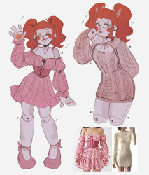 1girl bare_shoulders black_ribbon blush_stickers breasts cherry_print circus_baby_(fnaf) cleavage_cutout closed_eyes clothing_cutout commentary corset cowboy_shot detached_sleeves dress earrings english_commentary fashion five_nights_at_freddy&#039;s five_nights_at_freddy&#039;s_1 food_print footwear_ribbon freddy_fazbear&#039;s_pizzeria_simulator fruit_print full_body green_eyes hair_ribbon heart highres jewelry joints jxitrash lipstick long_hair makeup mechabare multiple_views photo-referenced photo_inset pink_corset pink_dress pink_ribbon pink_shoes pink_sweater red_hair red_lips ribbon robot robot_girl robot_joints shoes short_dress sidelocks simple_background smile sweater sweater_dress twintails waving white_background