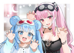 Rule 34 | 2girls, :d, arm up, bare shoulders, black choker, black nightgown, black scrunchie, blue eyes, blue hair, blurry, blurry background, blush, breasts, choker, claw pose, cleavage, collarbone, commentary, crescent, depth of field, double bun, dress, english commentary, hair bun, hair ornament, hair scrunchie, hand up, hands up, hololive, hololive english, hololive indonesia, kobo kanaeru, kurot, large breasts, long sleeves, mask, mask on head, mori calliope, mori calliope (sleepwear), multiple girls, nightgown, open mouth, pink hair, print scrunchie, red eyes, scrunchie, skull hair ornament, skull print, sleep mask, smile, star (symbol), teeth, twintails, upper teeth only, virtual youtuber, white dress