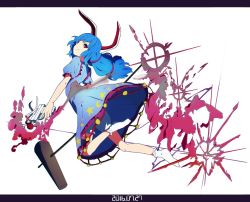 1girl 2016 animal_ears arched_back bad_id bad_twitter_id bloomers blue_dress blue_hair crescent crescent_print dated dress female_focus frilled_dress frills full_body gun jumping kine letterboxed looking_at_viewer looking_back mallet puffy_short_sleeves puffy_sleeves rabbit_ears red_eyes seiran_(touhou) shishi_osamu short_sleeves solo star_(symbol) star_print touhou underwear weapon white_background white_legwear