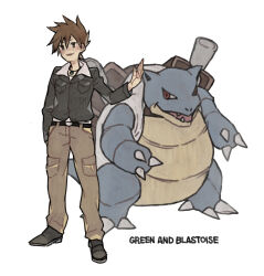 Rule 34 | 1boy, absurdres, belt, belt buckle, black belt, blastoise, blue oak, breast pocket, brown hair, brown pants, buckle, character name, commentary request, gen 1 pokemon, hand up, highres, ichi kawa ichi, jacket, jewelry, male focus, necklace, nintendo, open mouth, pants, pocket, pokemon, pokemon (creature), pokemon hgss, shirt, shoes, short hair, smile, spiked hair, standing, white background, white shirt