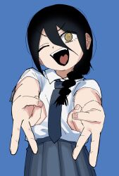 1girl ;d black_hair blue_background blue_necktie blue_skirt braid chainsaw_man collared_shirt double_gyaru_v double_v gyaru_v hair_between_eyes hair_over_shoulder highres nayuta_(chainsaw_man) necktie one_eye_closed open_mouth outstretched_arms pleated_skirt ringed_eyes shirt simple_background single_braid skirt smile solo v white_shirt y7u7e7 yellow_eyes