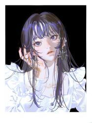 1girl bad_id bad_twitter_id black_background blue_eyes blue_hair blue_nails border commentary dated_commentary dress ear_piercing earrings hand_up highres jewelry john_kafka long_hair long_sleeves mole mole_on_neck mole_under_eye nail_polish open_mouth original piercing solo upper_body white_border white_dress