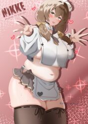 Rule 34 | 1girl, absurdres, apron, ascot, belly, beret, black choker, black skirt, black thighhighs, blush, bow, bready (nikke), breasts, brown eyes, brown hair, choker, crop top, goddess of victory: nikke, hair bow, hair over shoulder, hat, heart, highres, hiroki gunsou, large breasts, low twintails, medium hair, midriff, miniskirt, navel, pink background, plump, shirt, skindentation, skirt, solo, standing, sweat, thick thighs, thighhighs, thighs, tongue, tongue out, twintails, twitter username, underboob, white hat, white shirt