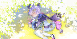 1girl bird blue_dress closed_eyes commentary day dress foot_out_of_frame genshin_impact harutatsunoki hat highres jiangshi long_hair long_sleeves lying ofuda ofuda_on_head on_grass on_side outdoors parted_lips purple_hair purple_hat qiqi_(genshin_impact) solo thighhighs very_long_hair white_thighhighs yin_yang