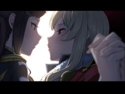 2girls absurdres blonde_hair blurry brown_hair cape capelet closed_mouth couple depth_of_field from_side fur-trimmed_cape fur_trim hair_between_eyes hands_up hasisisissy high_collar highres holding_hands leaning_back leaning_forward long_hair looking_at_another multiple_girls pinned red_capelet saijou_claudine seishou_music_academy_uniform shoujo_kageki_revue_starlight tendou_maya upper_body wavy_hair white_background yuri
