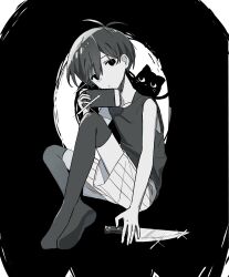 1boy animal animal_on_shoulder antenna_hair bare_arms bare_shoulders black_background cat cat_on_shoulder closed_mouth collarbone commentary empty_eyes full_body greyscale hair_behind_ear hair_between_eyes hand_up handheld_game_console hatching_(texture) highres holding holding_handheld_game_console holding_knife hrsw_mz invisible_chair knees_apart_feet_together knife looking_at_viewer male_focus monochrome no_pupils no_shoes omori omori_(omori) over-kneehighs short_hair shorts sitting solo sparkle striped_clothes striped_shorts symbol-only_commentary tank_top thighhighs two-tone_background vertical-striped_clothes vertical-striped_shorts very_short_hair white_background