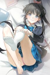 1girl absurdres bed_sheet black_jacket blue_bow blue_bowtie blue_skirt blunt_bangs bow bowtie collared_shirt highres houjou_high_school_uniform jacket long_hair looking_at_viewer lying mikou_(mikou_minnow) on_back panties pink_panties pleated_skirt ponytail school_uniform shirt skirt smile socks sugiura_koharu underwear white_album_(series) white_album_2 white_shirt white_socks