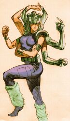 1girl bandages belt belt_pouch bengus bodysuit bracer capcom crossed_arms extra_arms fake_horns game_cg grey_armor grey_hair grey_helmet helmet highres horned_helmet horns leg_warmers long_hair marvel marvel_vs._capcom marvel_vs._capcom_2 no_pupils non-web_source official_art pouch scan simple_background solo spiral_(marvel) standing standing_on_one_leg x-men