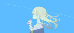 1girl absurdres blonde_hair blue_sky commentary_request contrail day drinking drinking_straw from_side grey_shirt hair_between_eyes highres holding_juice_box juice_box long_hair long_sleeves looking_ahead neckerchief original outdoors sailor_collar sankakkee school_uniform serafuku shirt sidelocks sky solo strawberry_milk twitter_username two_side_up upper_body white_sailor_collar yellow_eyes yellow_neckerchief