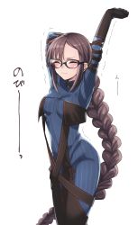 Rule 34 | 1girl, arms behind head, black-framed eyewear, black dress, blue bodysuit, bodysuit, bodysuit under clothes, braid, braided ponytail, breasts, brown hair, closed eyes, dress, earrings, fate/grand order, fate (series), glasses, highres, jewelry, long braid, long hair, medium breasts, multiple earrings, pinstripe pattern, ribbon-trimmed dress, ribbon trim, seeds328, simple background, single braid, solo, stretching, striped bodysuit, trembling, vertical-striped bodysuit, very long hair, white background, yu mei-ren (fate), yu mei-ren (first ascension) (fate)