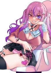 1girl absurdres bandaged_wrist bandages bandaid bandaid_on_arm black_thighhighs blush breasts chair cleavage cleavage_cutout clothes_lift clothing_cutout commentary_request commission ear_piercing frilled_panties frills gujira hair_ornament heart_cutout heterochromia highres indie_virtual_youtuber jirai_kei kurumizawa_ririka long_hair looking_at_viewer medium_breasts miniskirt mole mole_on_breast multicolored_hair panties piercing pink_hair pink_panties purple_hair red_eyes side-tie_panties sitting skeb_commission skirt skirt_lift smile solo sweat thighhighs twintails two-tone_hair underwear untied_panties virtual_youtuber white_background wing_hair_ornament