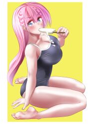 Rule 34 | 1girl, aqua eyes, ass, bare shoulders, blue eyes, blush, bokutachi wa benkyou ga dekinai, braid, breasts, butt crack, eating, feet, food, food in mouth, gu~derenko, highres, kirisu mafuyu, large breasts, long hair, looking at viewer, looking back, melting, one-piece swimsuit, pink hair, popsicle, popsicle in mouth, school swimsuit, sideboob, simple background, sitting, solo, swimsuit, toes
