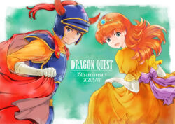 1boy 1girl anniversary blue_eyes blue_helmet cape clothes_lift copyright_name dated dragon_quest dragon_quest_i dress dress_lift earrings fake_horns gloves helmet hero_(dq1) horned_helmet horns jewelry kazaha_kai looking_at_viewer open_mouth orange_shirt princess_laura red_cape shirt smile sphere_earrings white_gloves yellow_dress