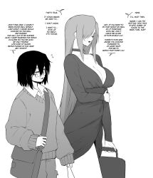 2girls bag breasts cargo_pants choker cleavage closed_eyes commentary covered_navel crying dress english_commentary english_text glasses greyscale hair_over_one_eye highres holding holding_bag large_breasts long_hair medium_breasts medium_hair monochrome multiple_girls open_mouth original pants short_dress sleeves_past_wrists smile streaming_tears sweater tears very_long_hair yblndr
