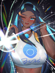 1girl bare_shoulders black_hair blue_eyes blue_hair blush breasts dark-skinned_female dark_skin earrings eyeliner gloves hair_bun haska_(user_gure4787) highres hoop_earrings jewelry large_breasts long_hair looking_at_viewer makeup multicolored_hair necklace nessa_(pokemon) nintendo one_eye_closed open_mouth pendant poke_ball pokemon pokemon_swsh sidelocks single_glove single_hair_bun solo sports_bra two-tone_hair white_sports_bra