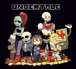 2girls 5boys alphys asriel_dreemurr black_background blue_jacket blue_skin brown_hair closed_eyes colored_skin copyright_name fins flower flowey_(undertale) frisk_(undertale) glasses goat_boy grin head_fins jacket long_hair mettaton mettaton_(box) multiple_boys multiple_girls no_mouth papyrus_(undertale) ponytail red_hair red_scarf robot sans_(undertale) scarf short_hair skeleton smile sweatdrop teeth terada_tera undertale undyne