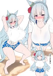 1girl alternate_costume animal_ears arms_up blue_hair blue_shorts blush bow braid breasts crown_braid ear_ornament ear_ribbon floral_print_shorts gaze_on_me!_outfit_(umamusume) herohero_(higashi_no_dou) highres horse_ears horse_girl horse_tail huge_breasts long_hair mejiro_ardan_(umamusume) midriff multiple_views print_shorts purple_eyes shirt shorts tail tied_shirt umamusume