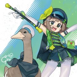 1girl 2025 2others artist_name baton bird bloomers blush brown_hair child freckles frog girutea gloves goose green_eyes hat indie_virtual_youtuber lily_hopkins multiple_others open_mouth standing sweatdrop underwear white_bloomers white_gloves